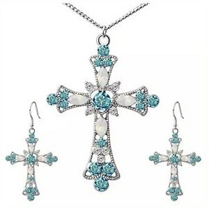 Silver and Light Blue Cross Necklace Set